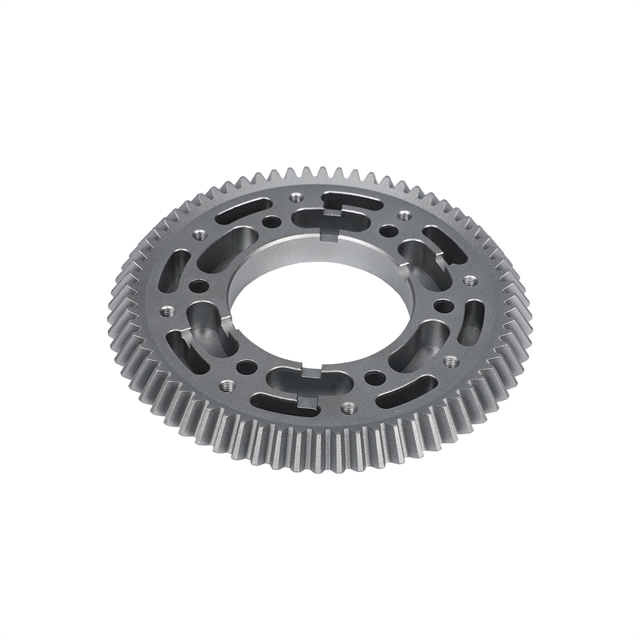 Anodized aluminum bevel gear showing precise tooth profiling for industrial power transmission